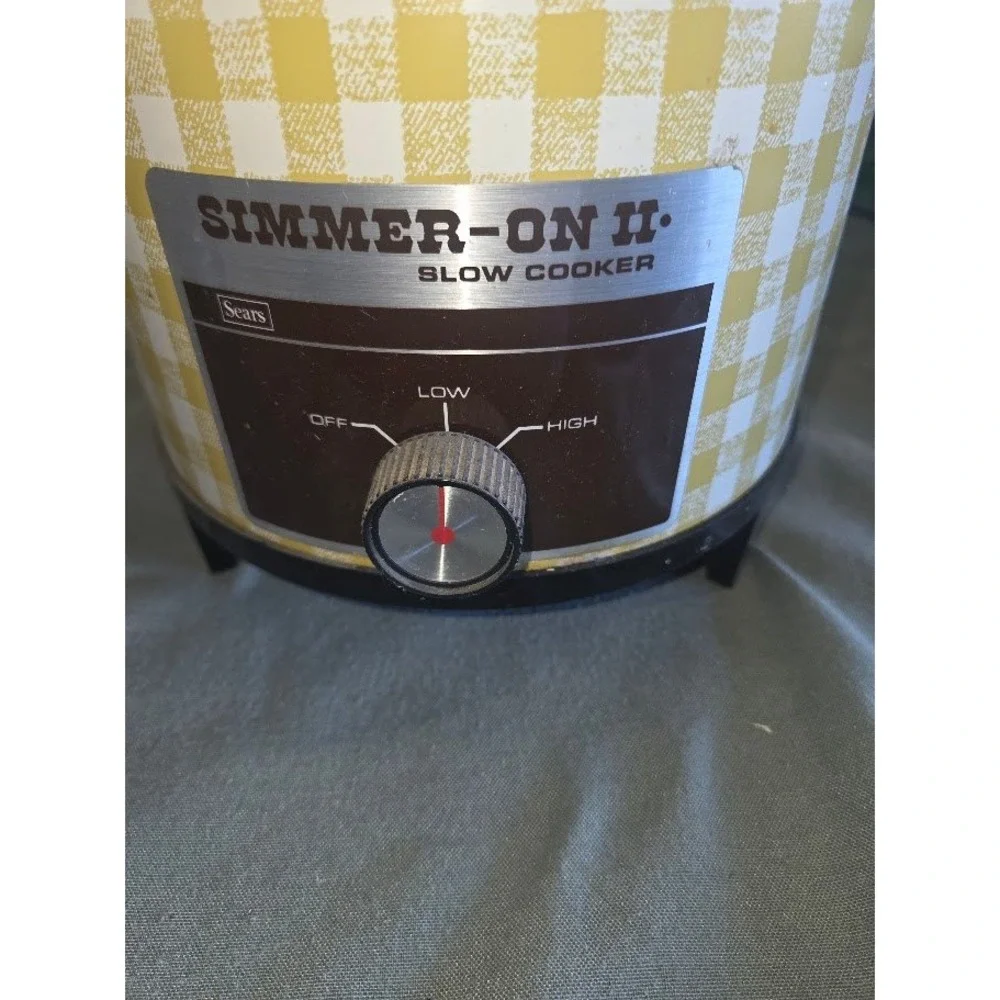 Vintage Sears Simmer-On II Slow Cooker Yellow Gingham Check Crock Pot Retro